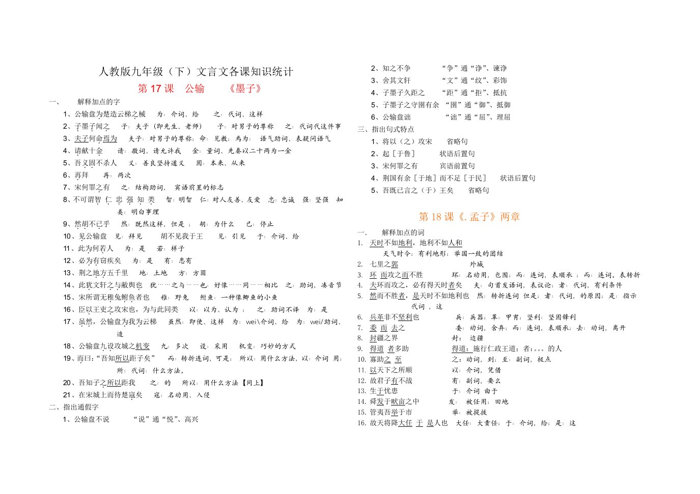 人教版九年级(下)文言文各课知识统计