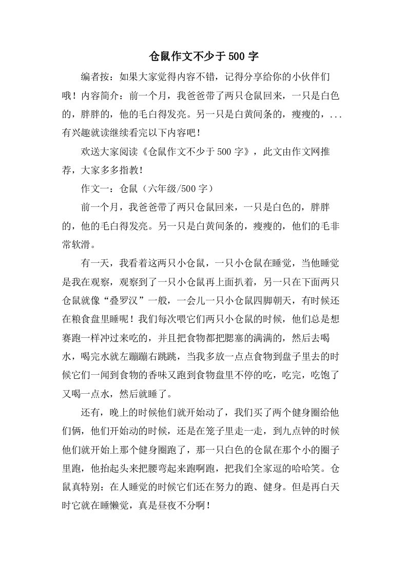 仓鼠作文不少于500字