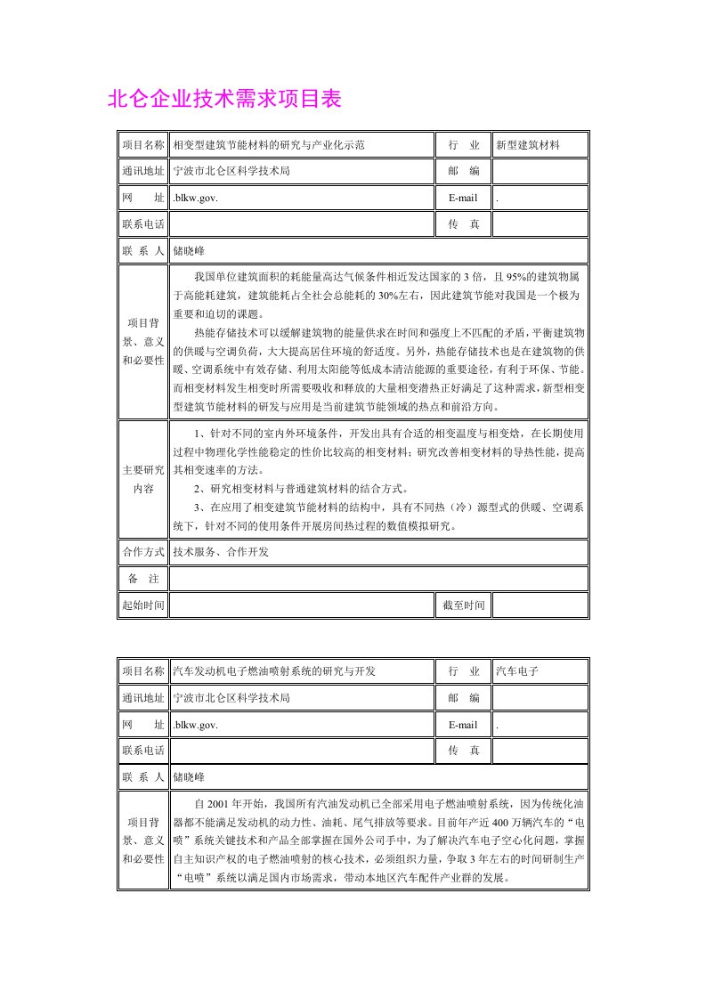 表格模板-北仑企业技术需求项目表北京建筑工程学院