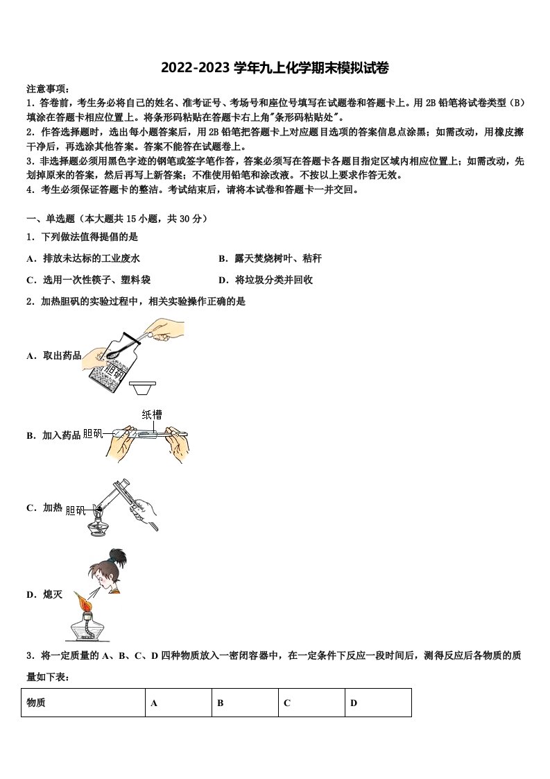 2022年上海市浦东新区化学九年级第一学期期末调研试题含解析