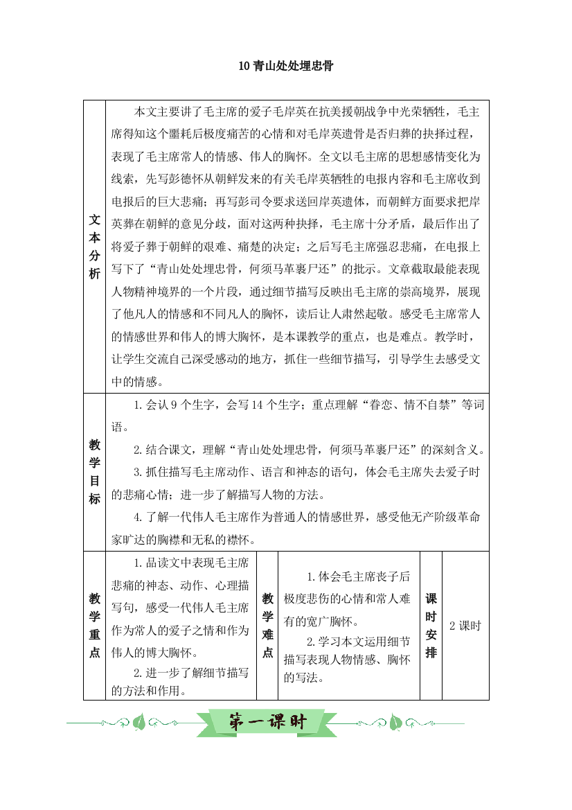 部编版五年级语文下册：教案10青山处处埋忠骨