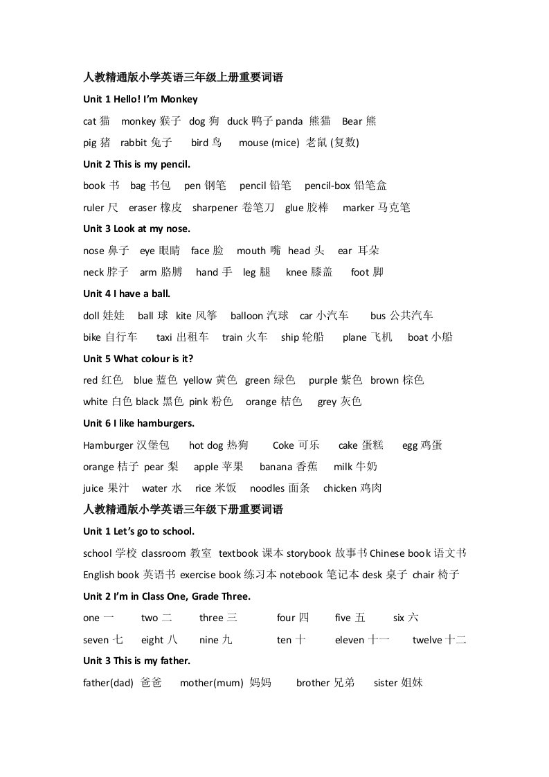 人教精通版小学英语词语汇总(1-6年级)