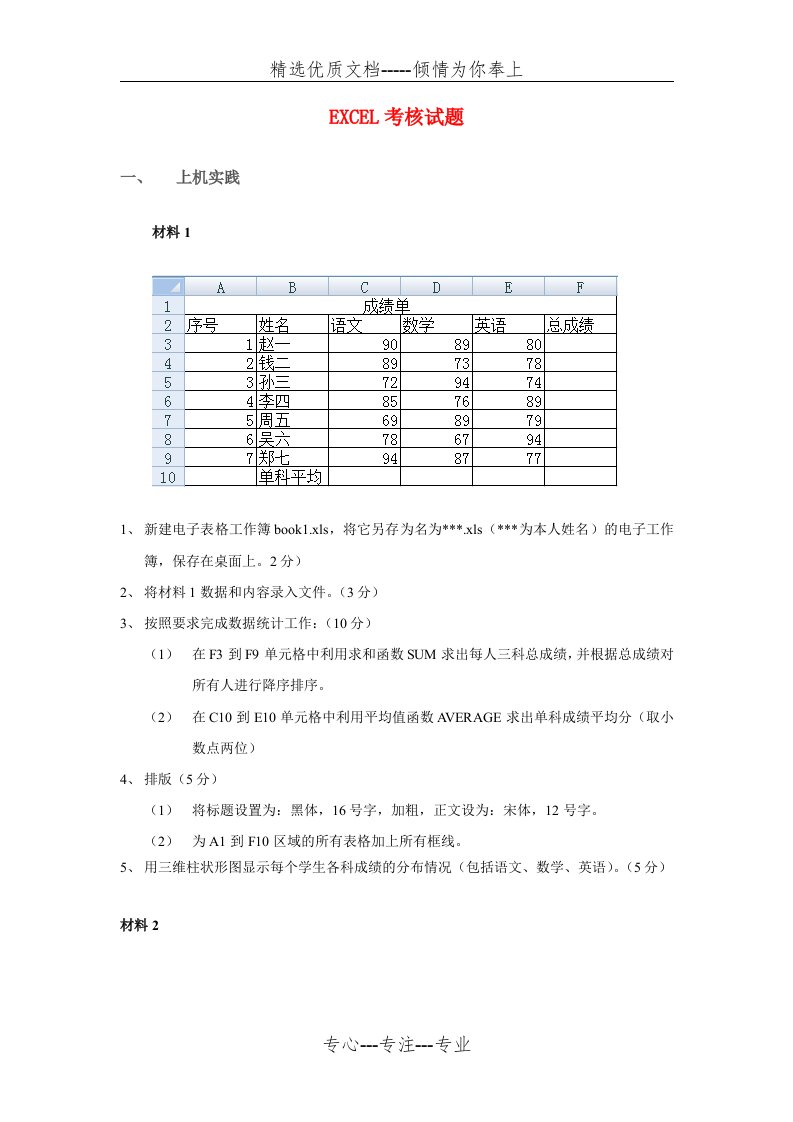 excel考试试题(简单操作)(共2页)