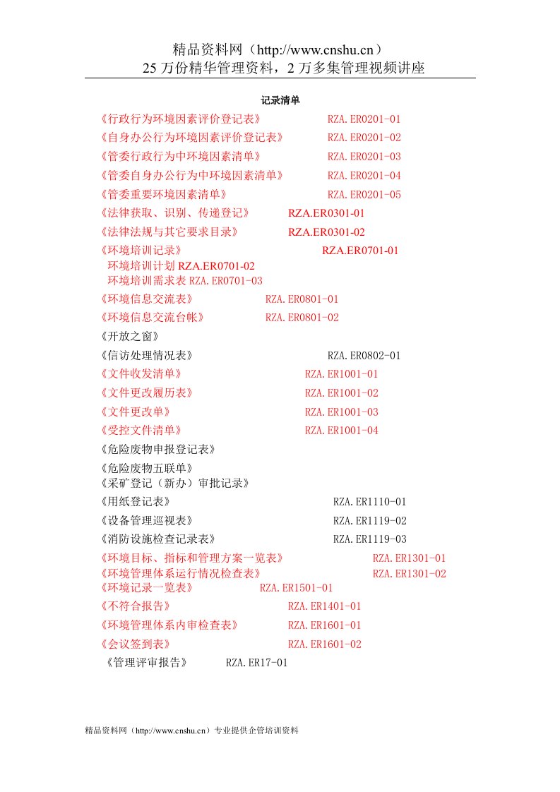 环境管理体系-记录清单