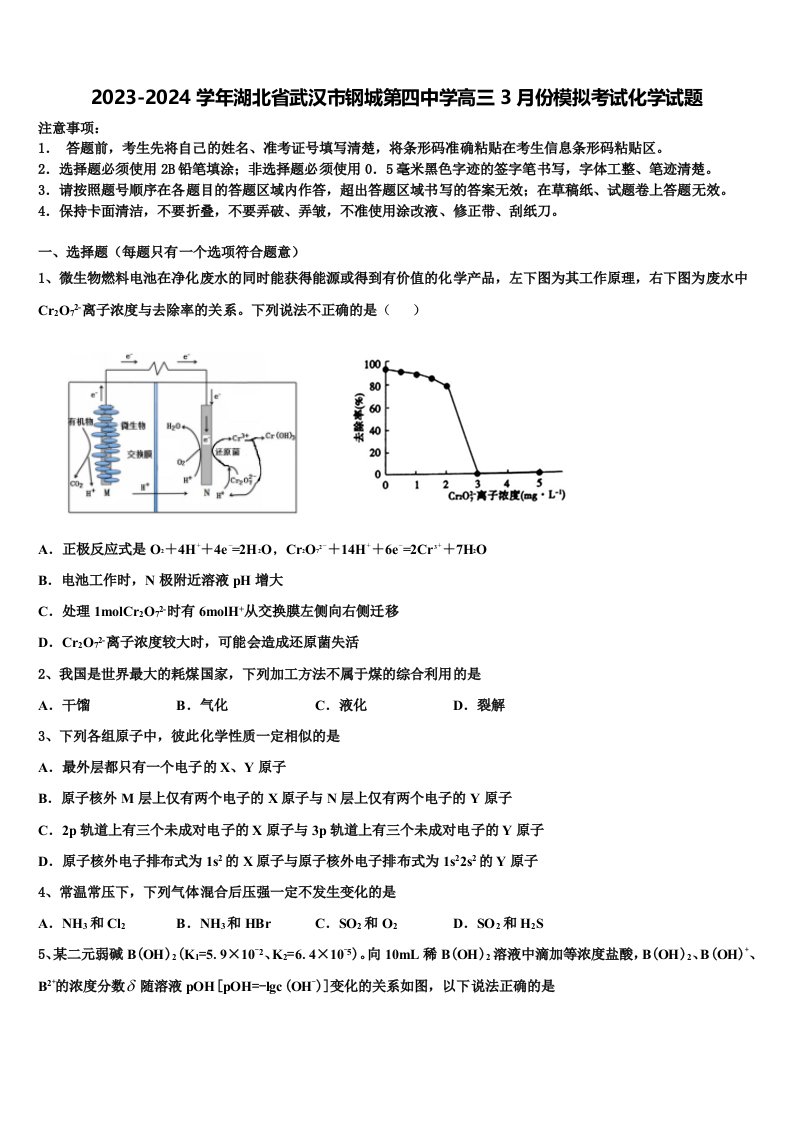 2023-2024学年湖北省武汉市钢城第四中学高三3月份模拟考试化学试题含解析