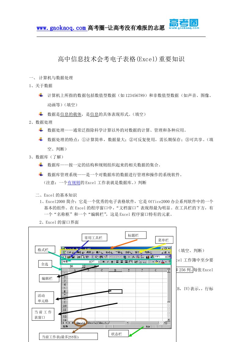 高中信息技术会考电子表格(Excel)重要知识点