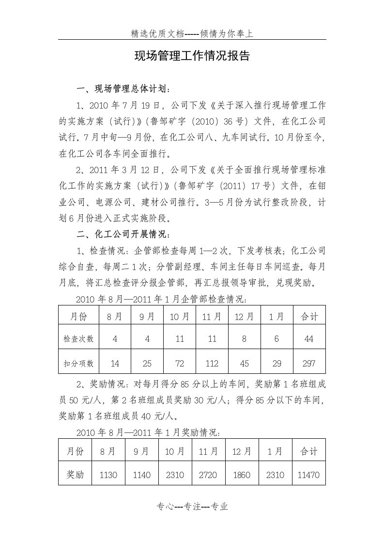 现场管理工作情况报告(共2页)