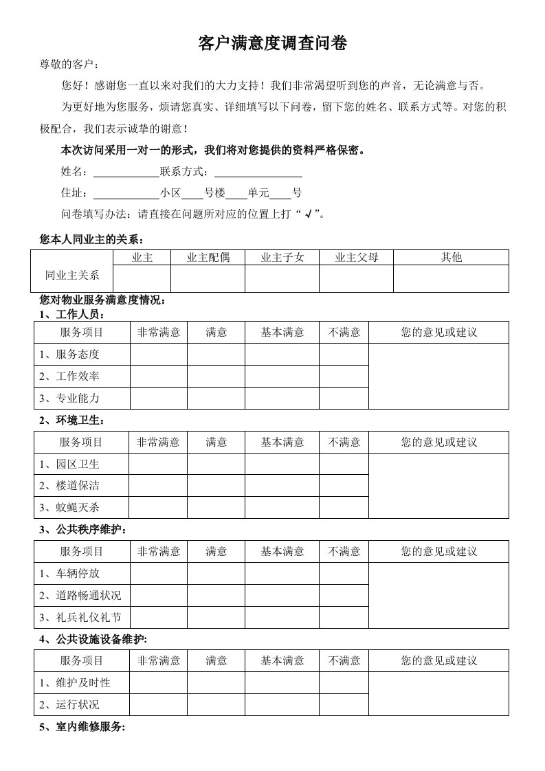 小区业主对物业公司满意度调查问卷样表