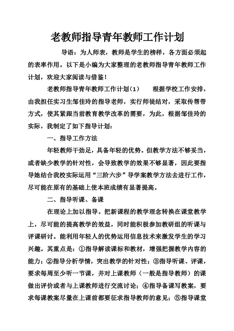 老教师指导青年教师工作计划