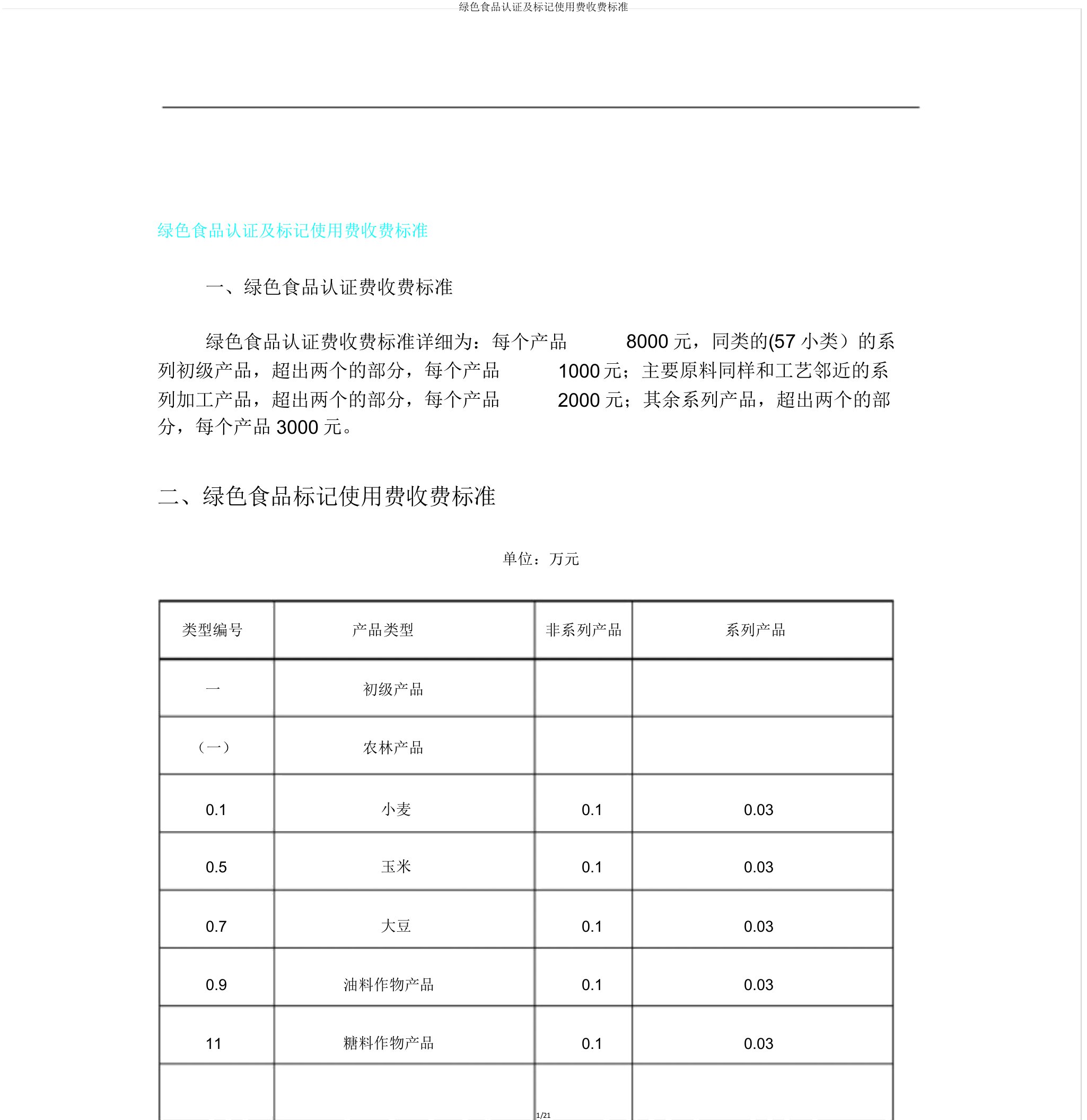 绿色食品认证及标志使用费收费标准