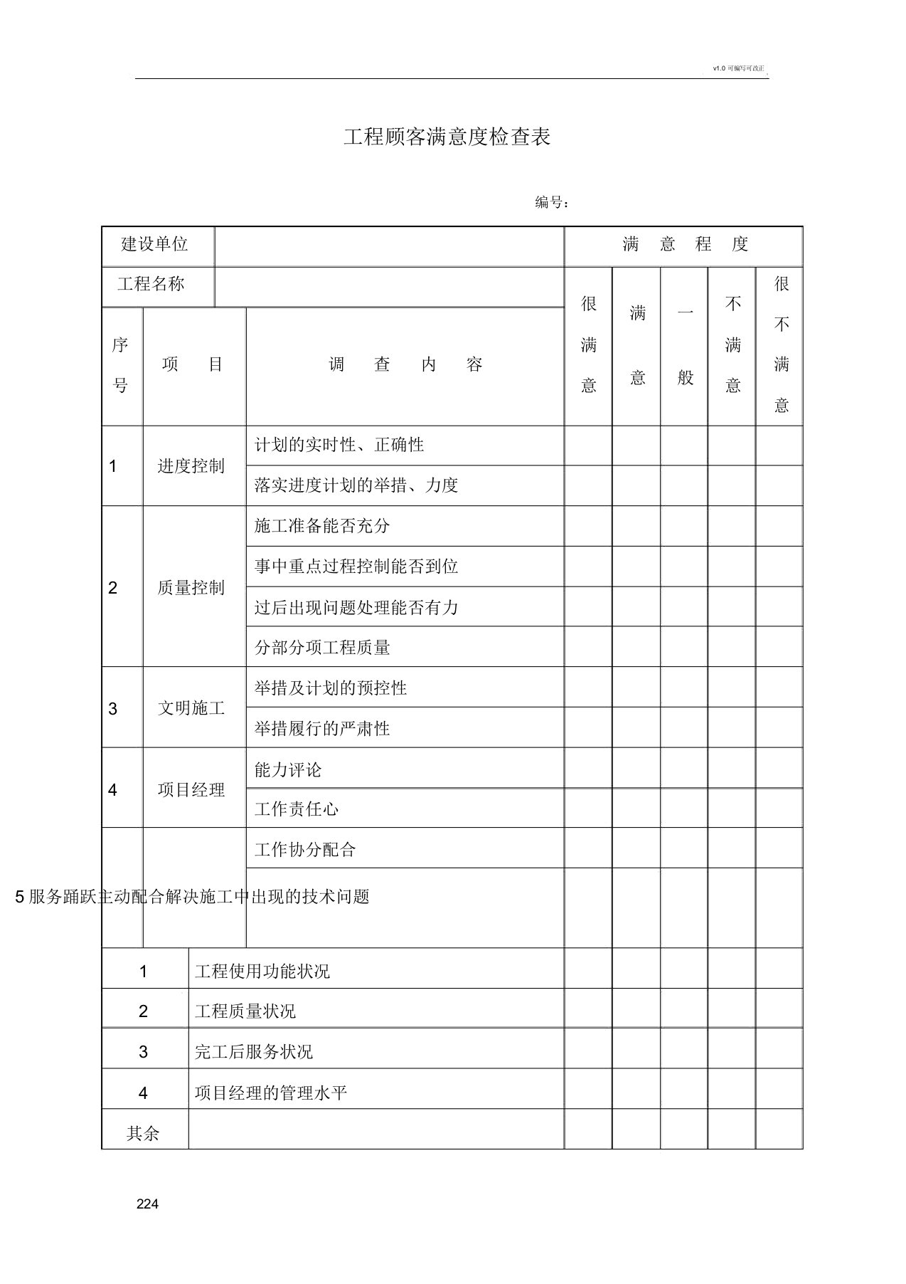 工程顾客满意度调查表格