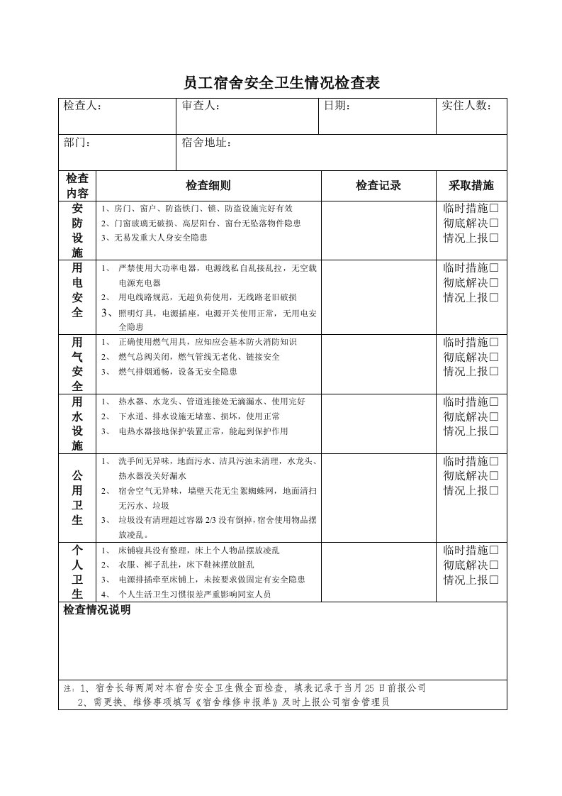 公司员工宿舍安全卫生检查表