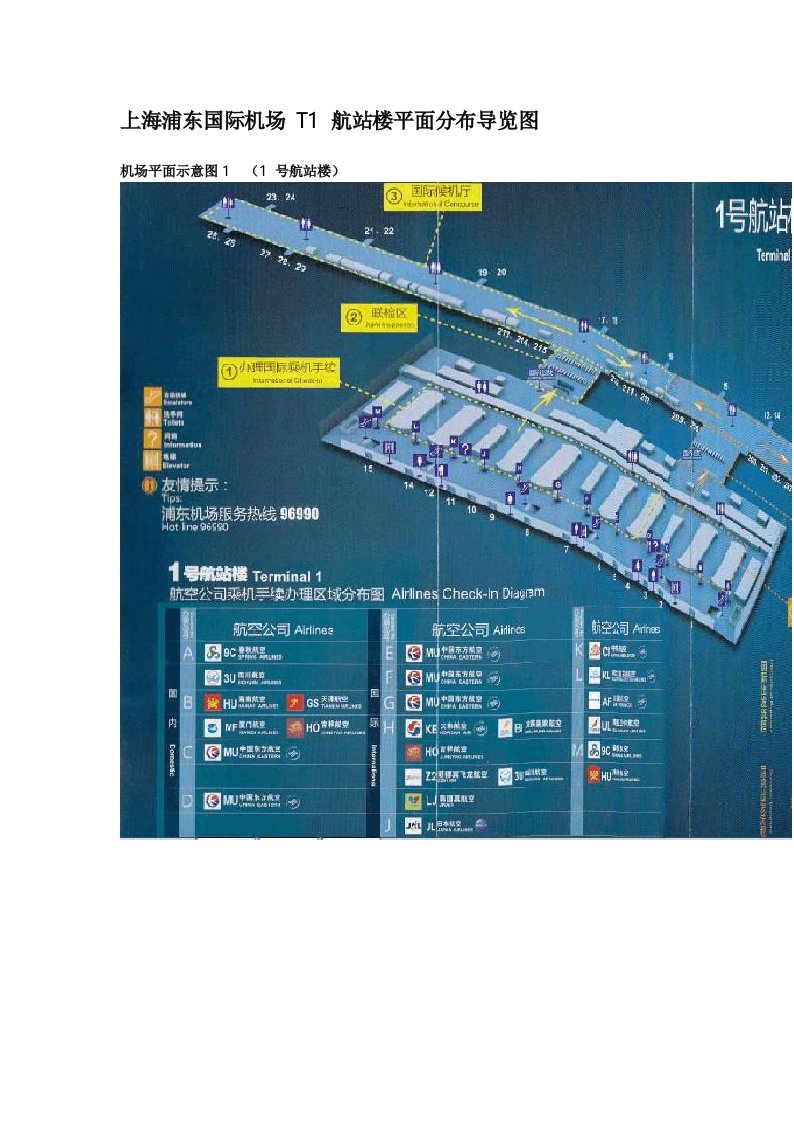 上海浦东国际机场T1航站楼平面分布导览图