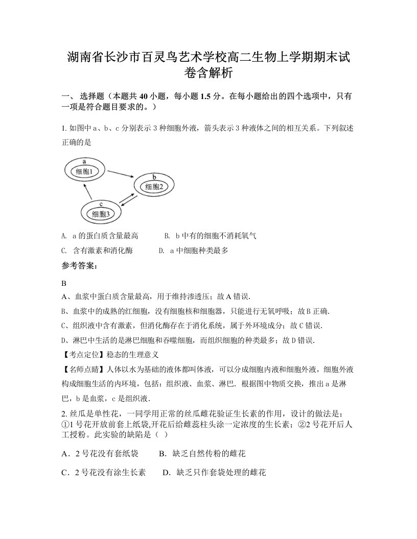 湖南省长沙市百灵鸟艺术学校高二生物上学期期末试卷含解析