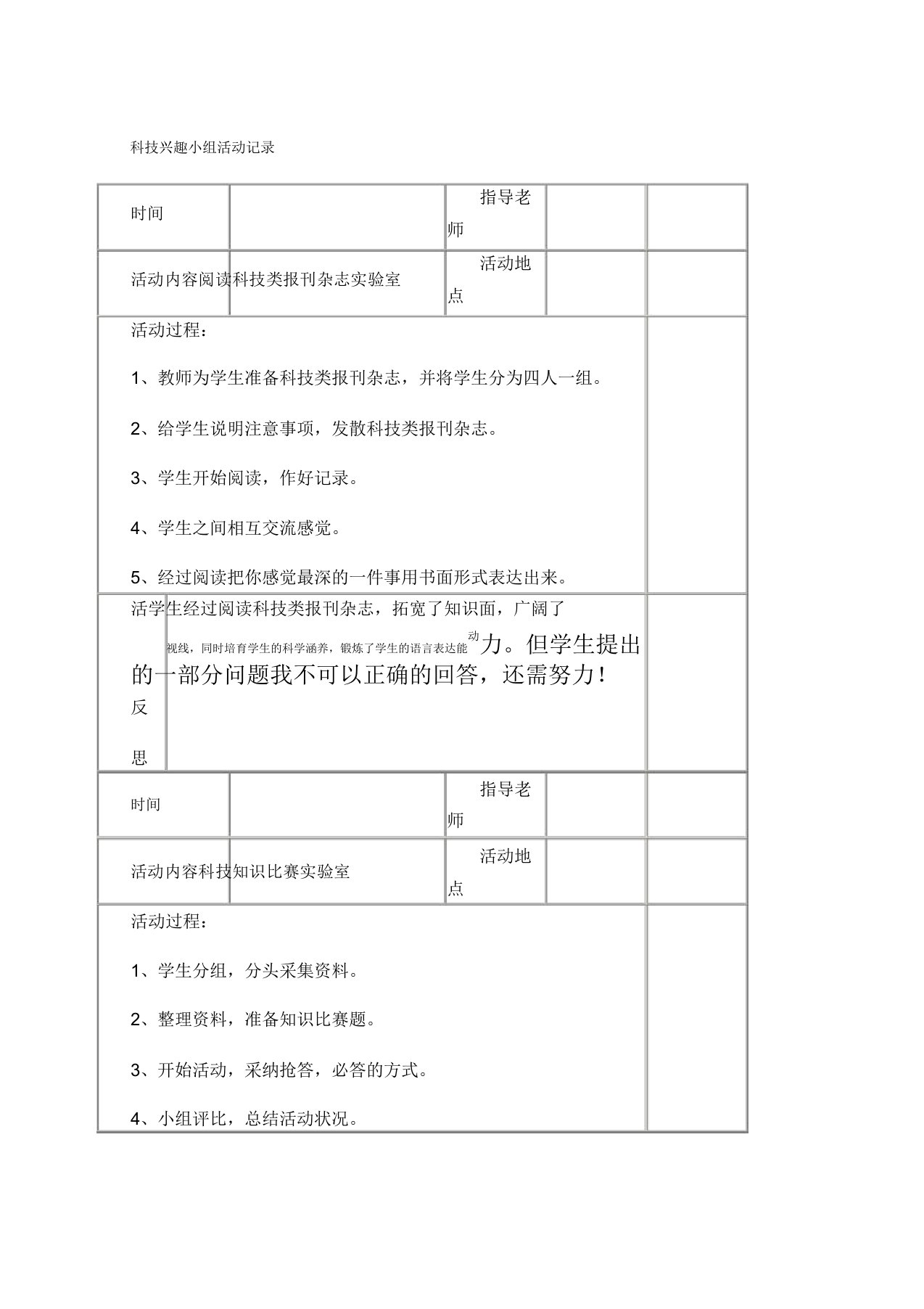 科技兴趣小组活动记录