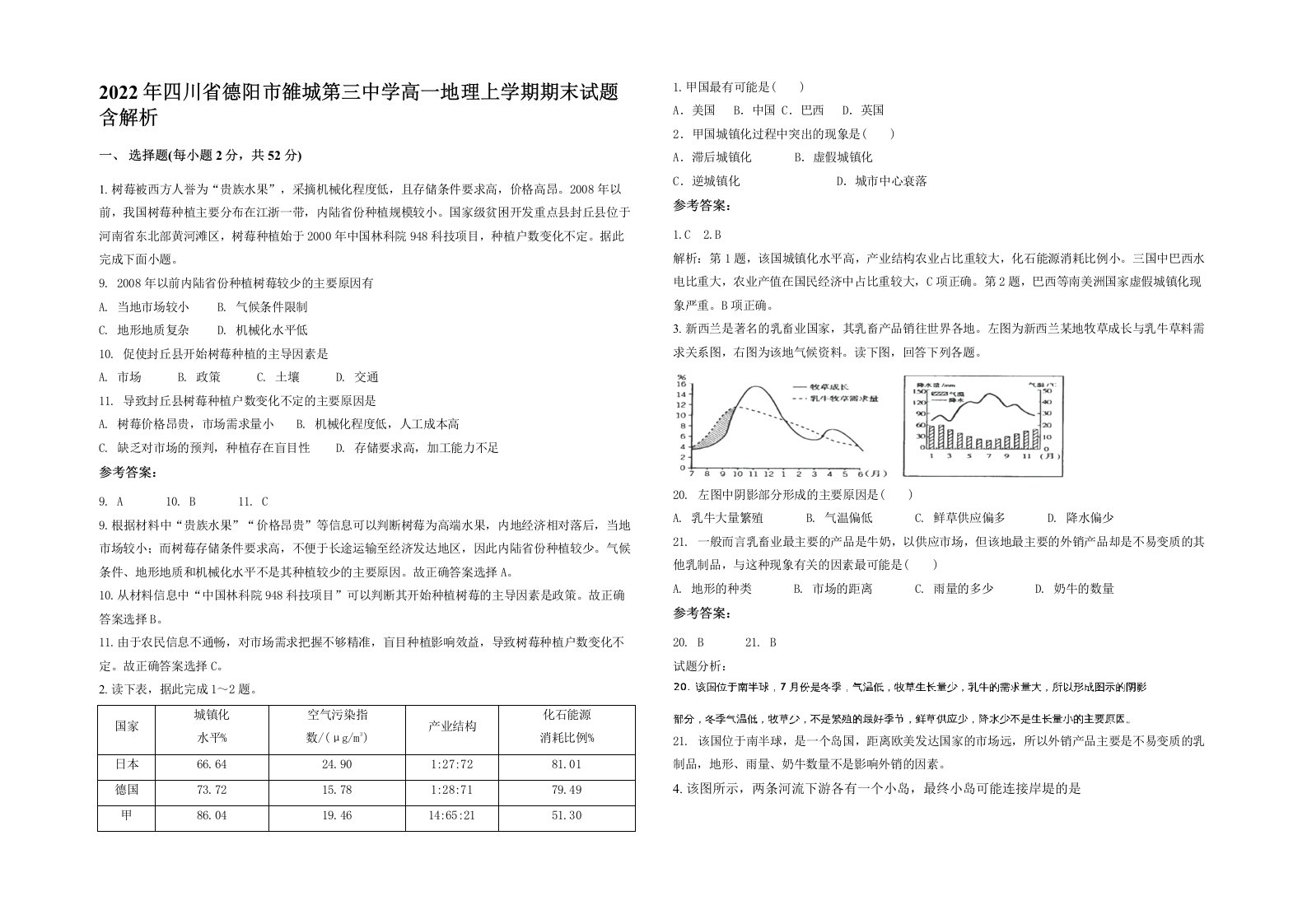 2022年四川省德阳市雒城第三中学高一地理上学期期末试题含解析