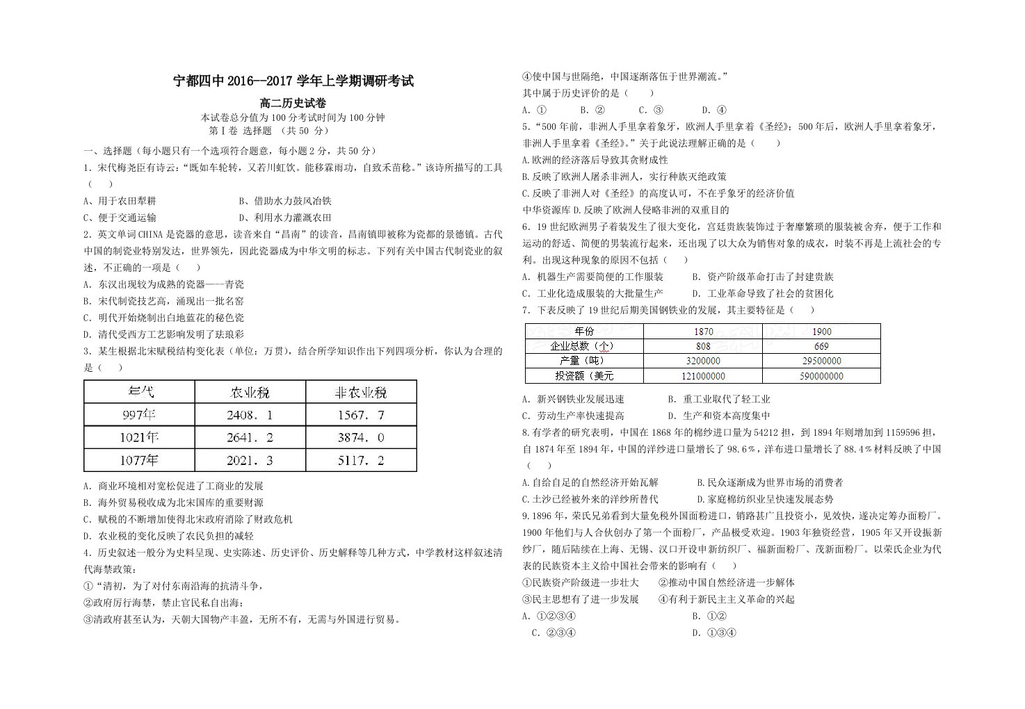 人民版高中历史必修2综合试卷