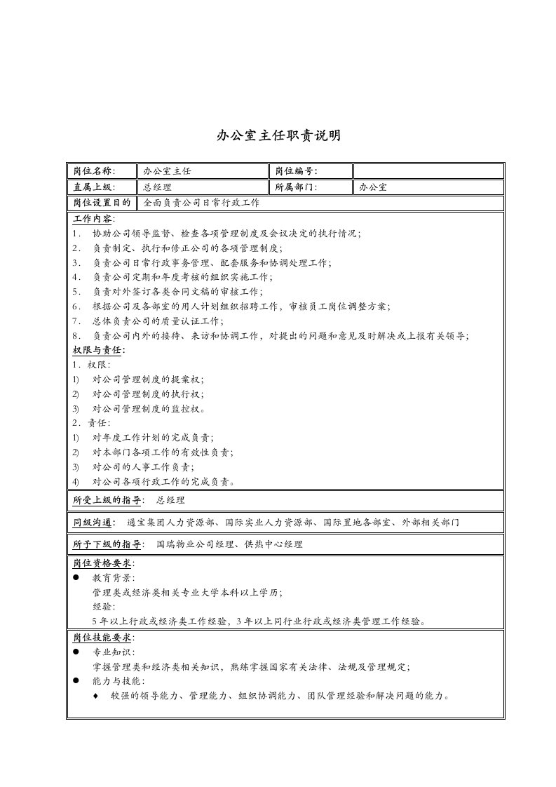 岗位职责-新疆国际置地公司办公室主任职责说明书