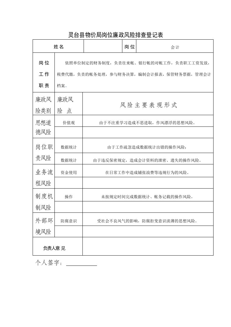 会计岗位个人廉政风险排查登记表