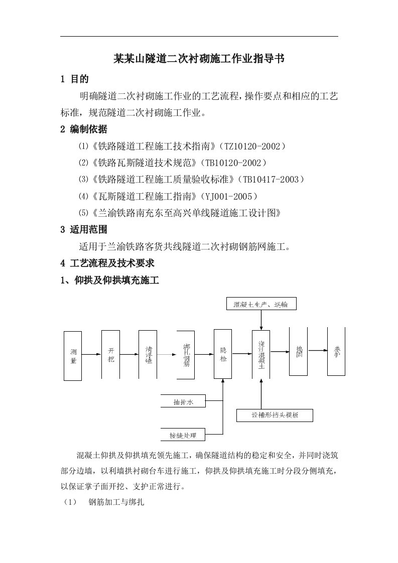 兰渝客货共线铁路某隧道二次衬砌施工作业指导书