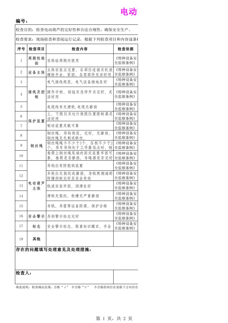 电动葫芦安全检查表