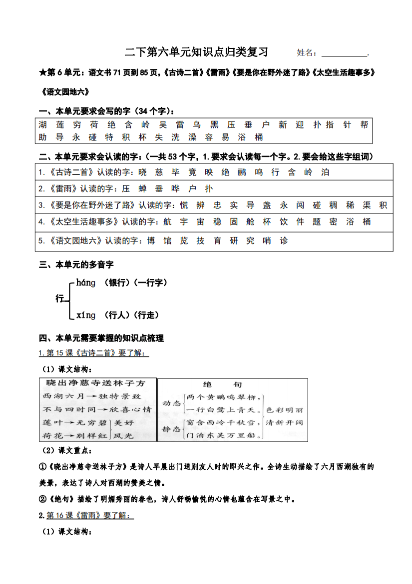 二下第六单元知识点归类复习公开课