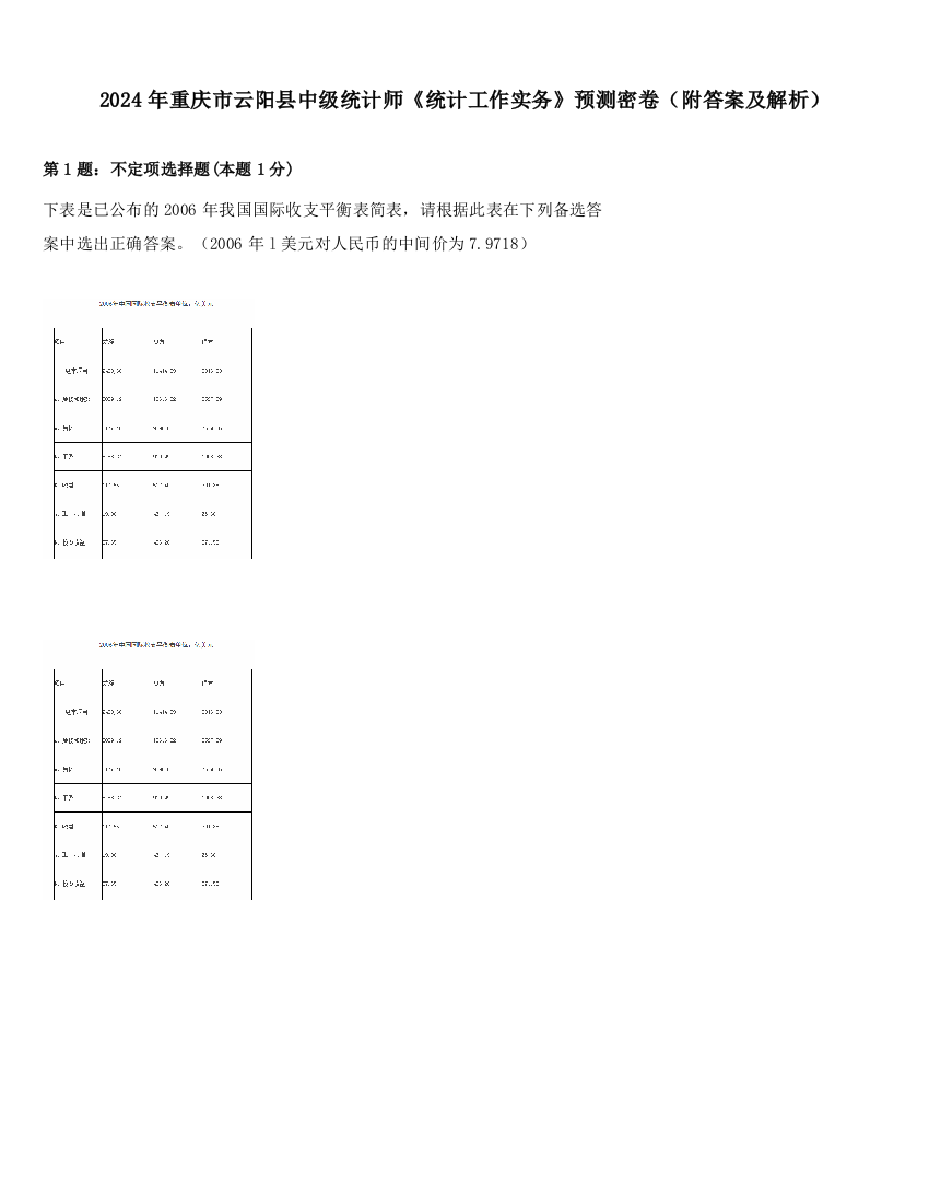 2024年重庆市云阳县中级统计师《统计工作实务》预测密卷（附答案及解析）