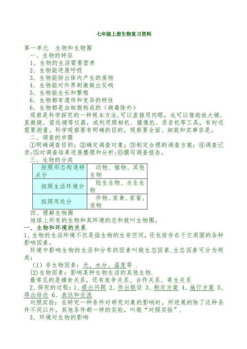 最新人教版生物七年级上册复习资料[2]