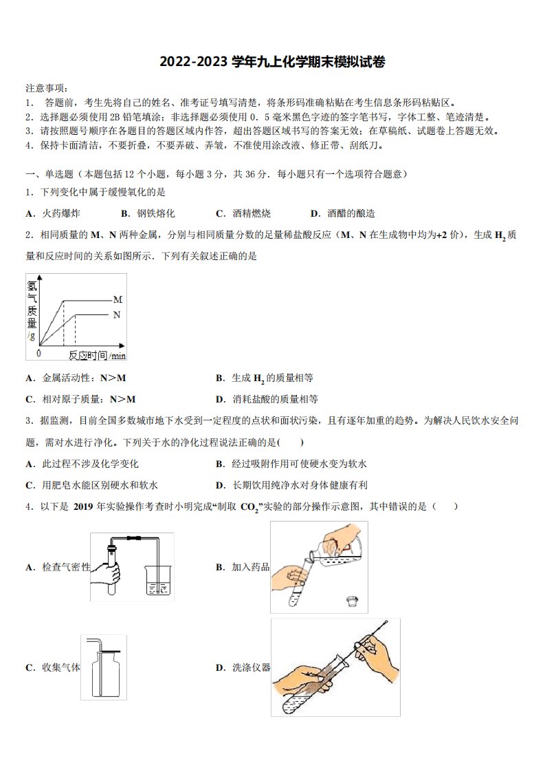 2023届江苏省射阳县化学九年级第一学期期末综合测试模拟试题含解析