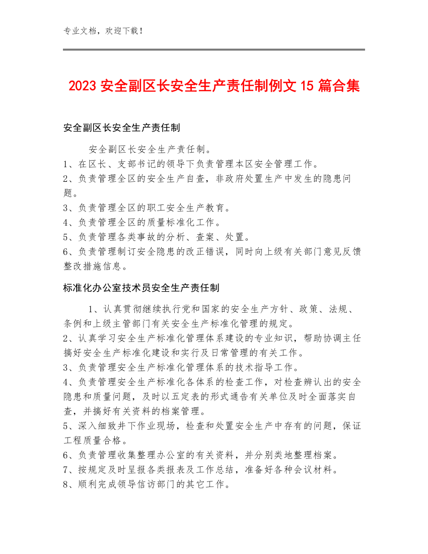 2023安全副区长安全生产责任制例文15篇合集