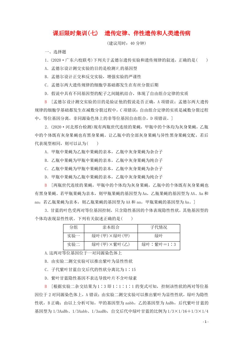 山东专用2021高考生物二轮复习课后限时集训7遗传定律伴性遗传和人类遗传病含解析