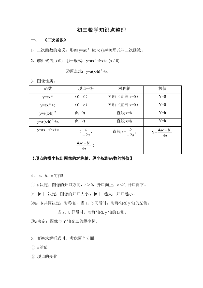 2023年初三数学知识点整理