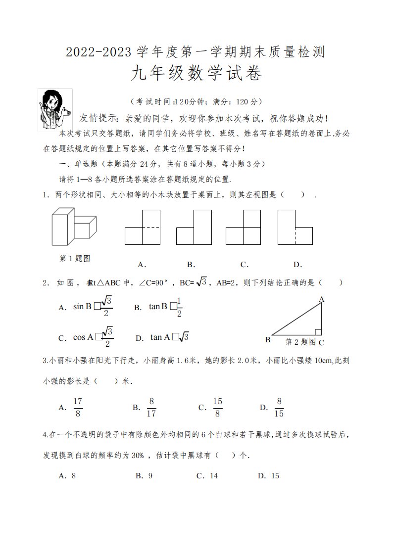 2022-2023学年度九年级数学第一学期期末质量检测试卷(含答案)