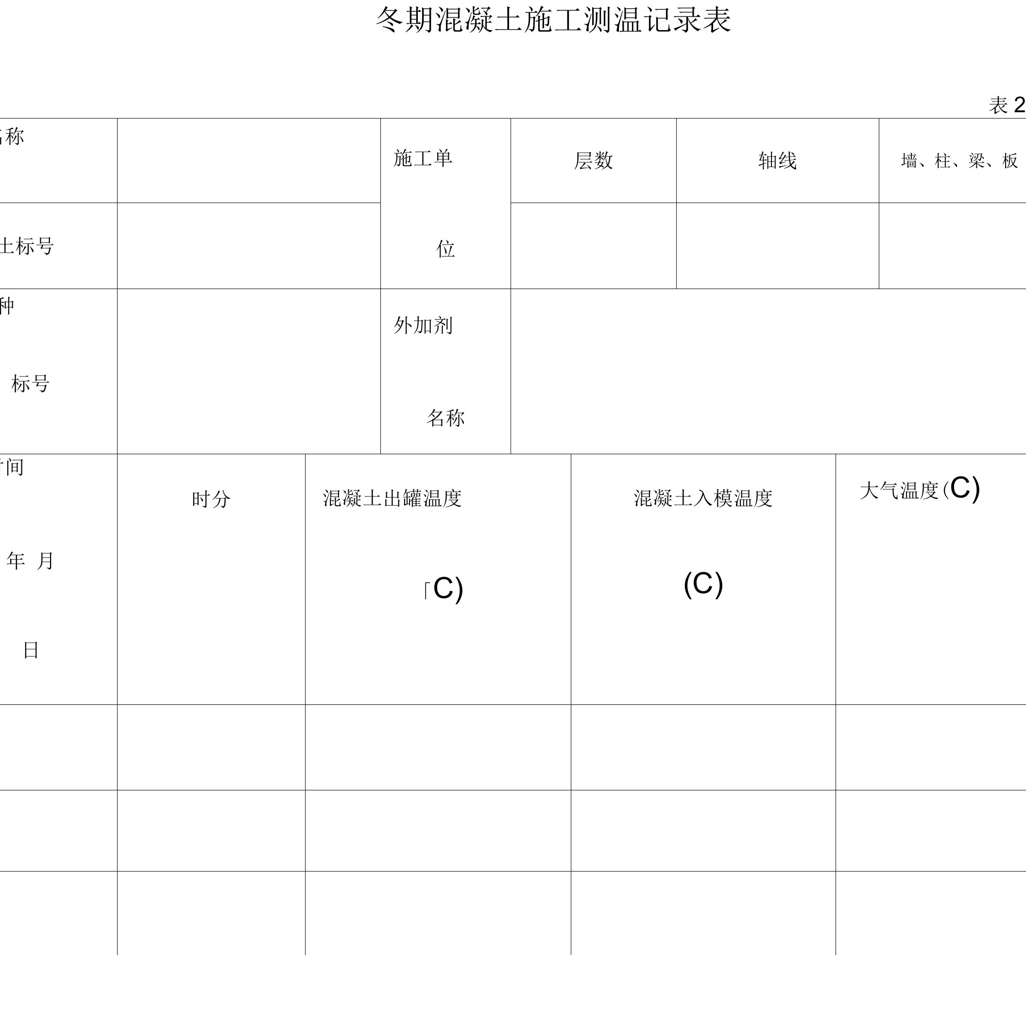 冬期混凝土施工测温记录表最新版本