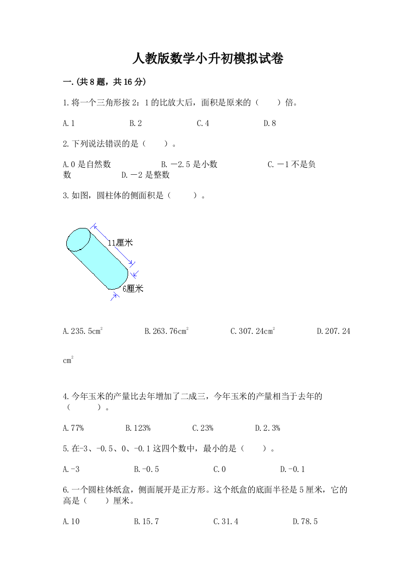 人教版数学小升初模拟试卷【历年真题】