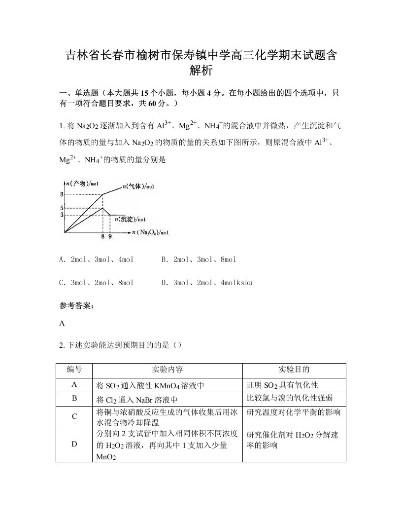 吉林省长春市榆树市保寿镇中学高三化学期末试题含解析