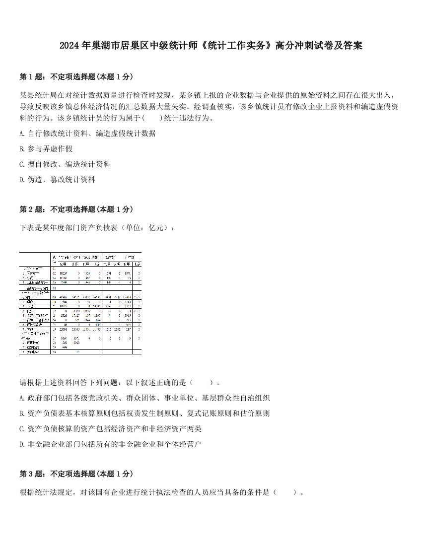 2024年巢湖市居巢区中级统计师《统计工作实务》高分冲刺试卷及答案