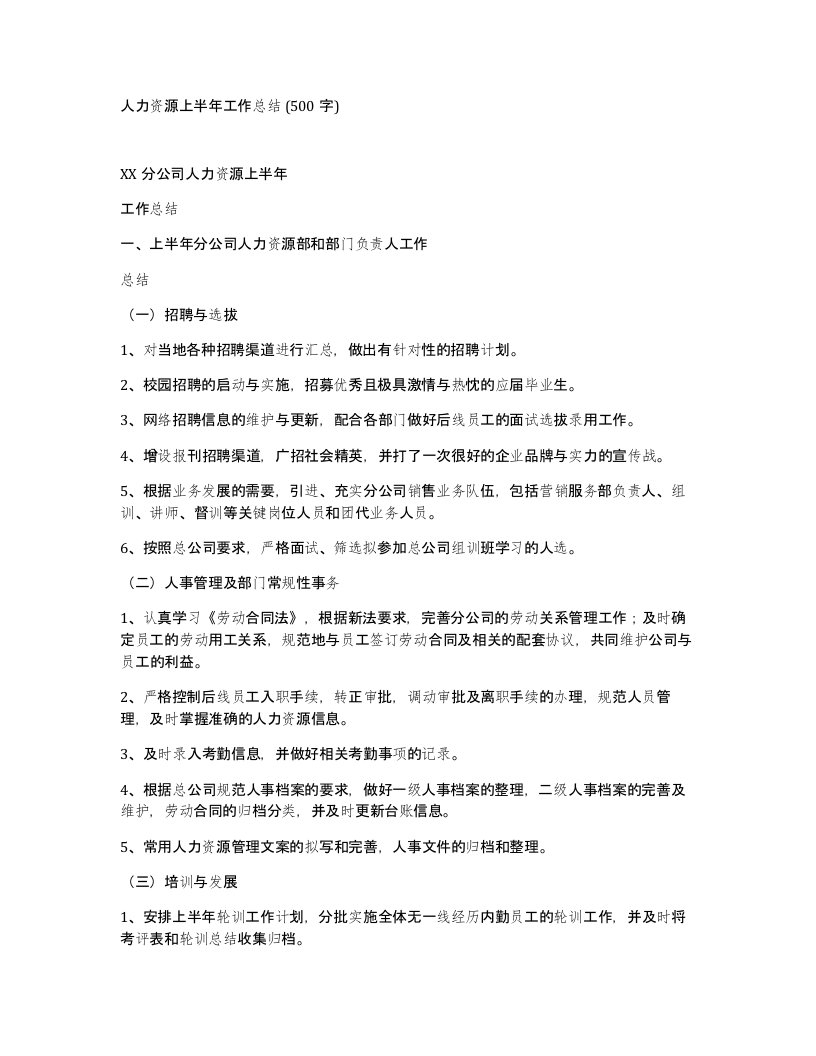 人力资源上半年工作总结500字