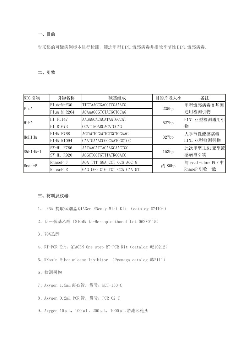 RT-PCR方法检测甲型H1N1流感操作规程
