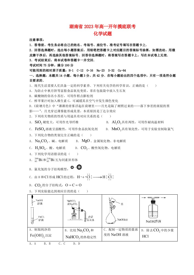 湖南省2022_2023高一化学下学期开年摸底联考试题