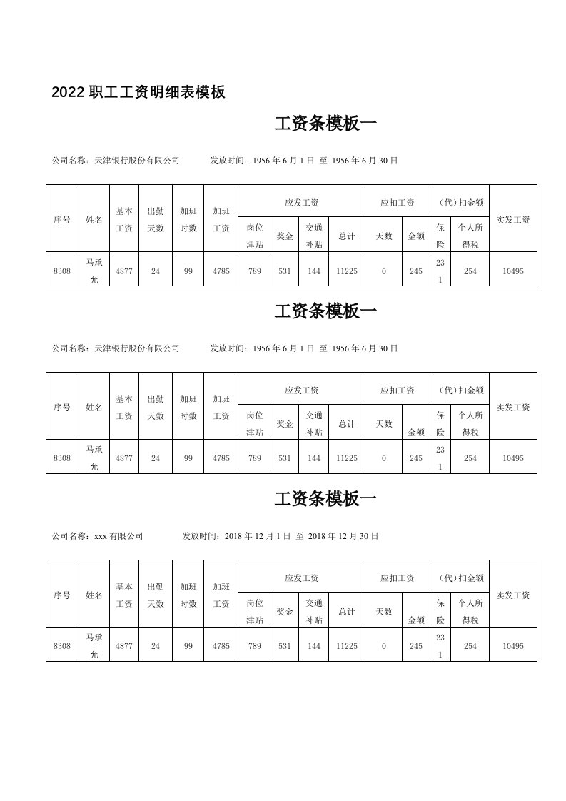 2022职工工资明细表模板