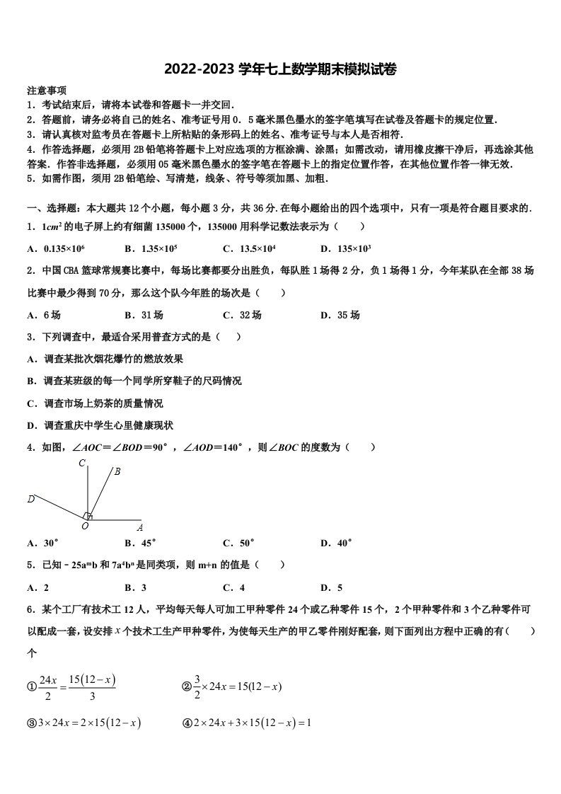 2022-2023学年河北省霸州市七年级数学第一学期期末监测模拟试题含解析