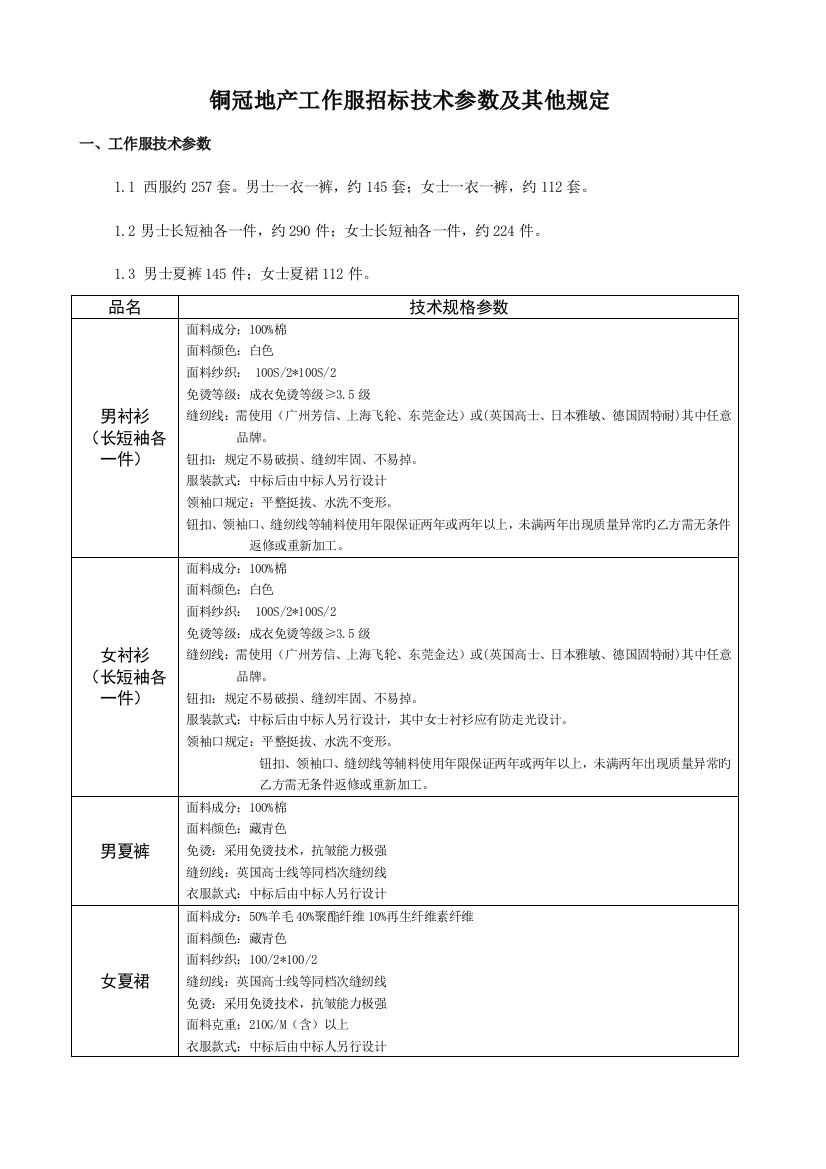 铜冠地产工作服招标技术参数及其他要求