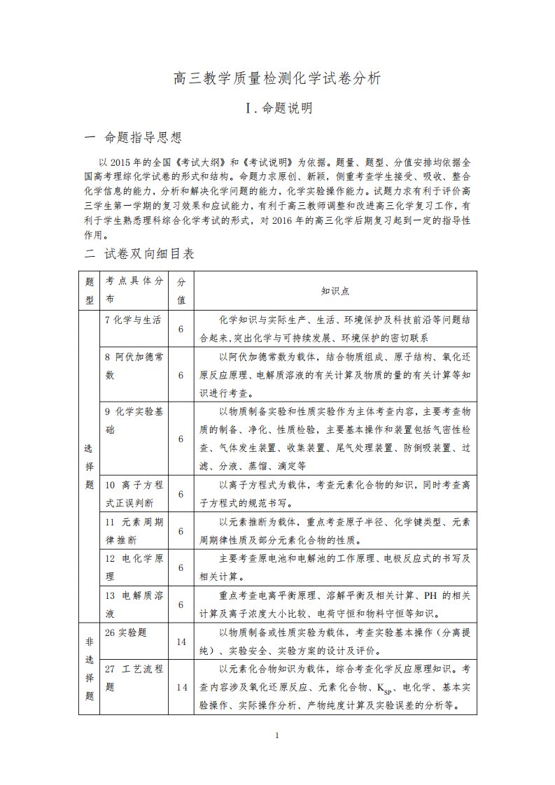 高三教学质量检测化学学科试卷分析报告