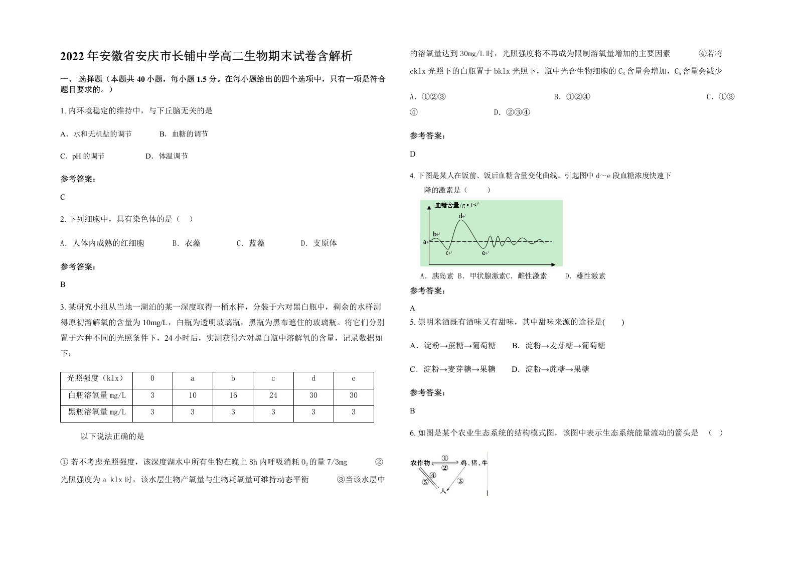 2022年安徽省安庆市长铺中学高二生物期末试卷含解析