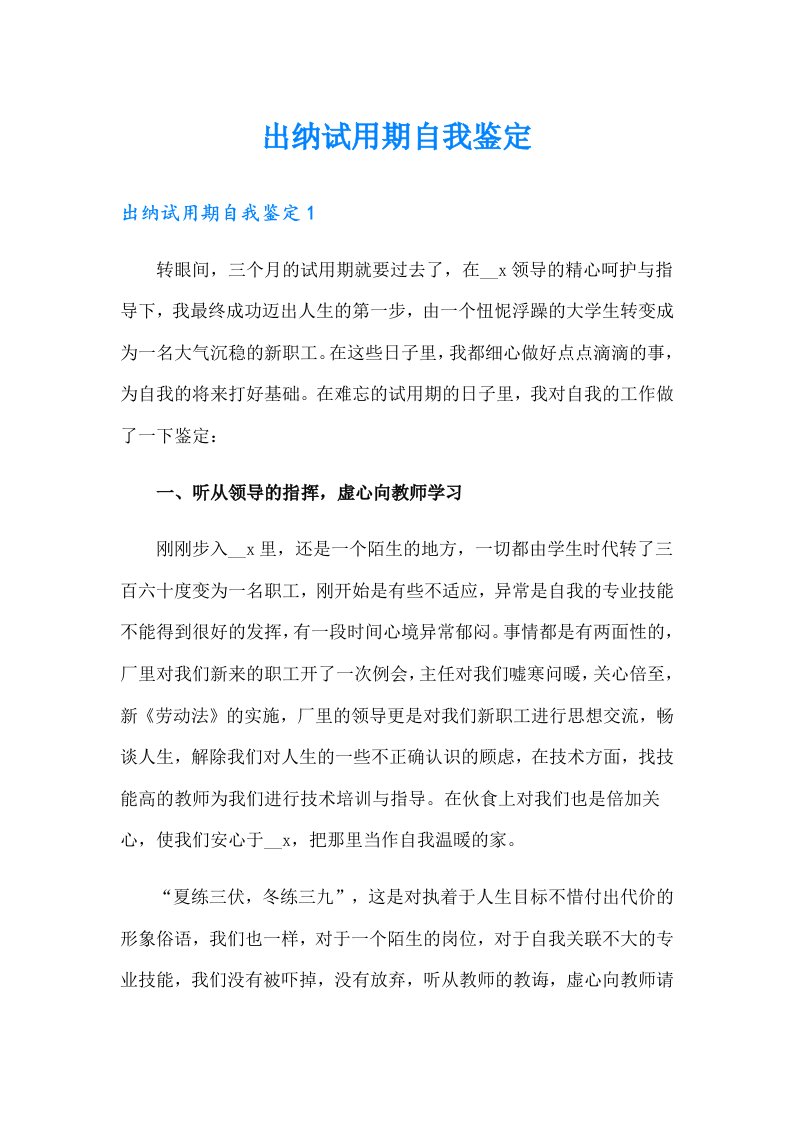 出纳试用期自我鉴定