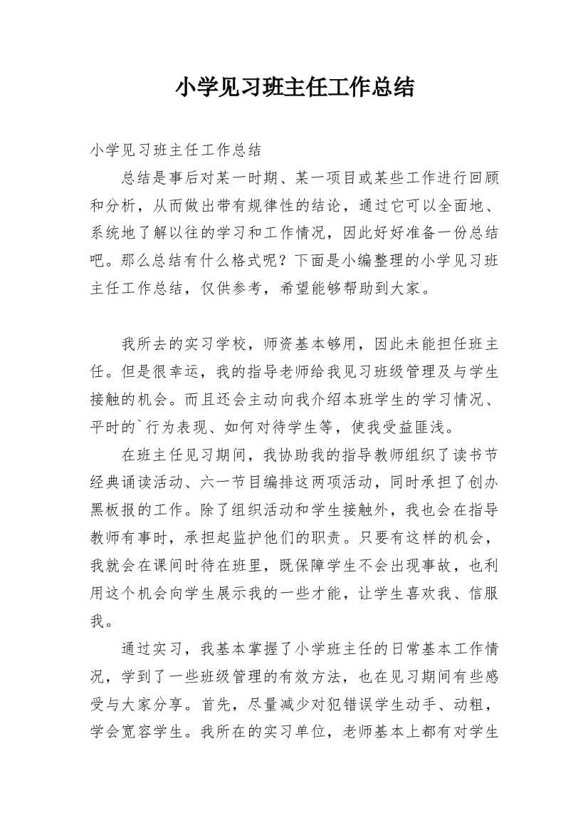 小学见习班主任工作总结