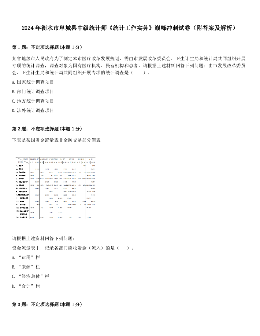 2024年衡水市阜城县中级统计师《统计工作实务》巅峰冲刺试卷（附答案及解析）