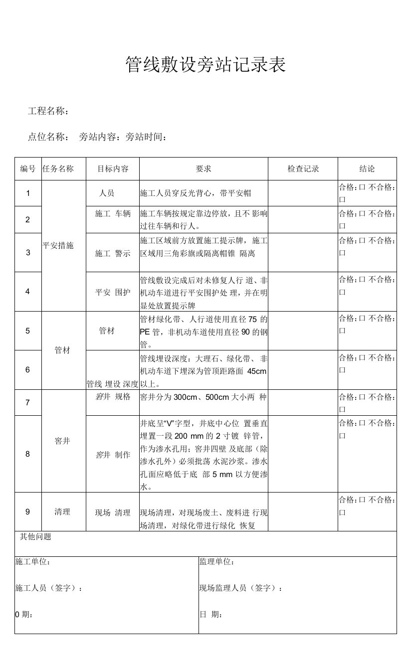 管线敷设旁站记录表