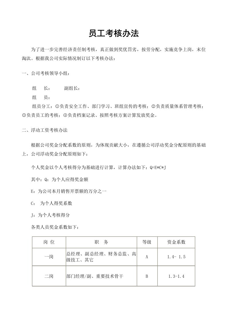 中小企业员工考核办法